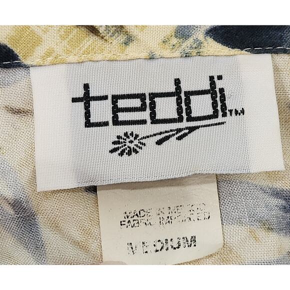 Vintage Teddi Cream Green Blue Yellow Floral Print Button Up Medium Lightweight - Picture 4 of 5
